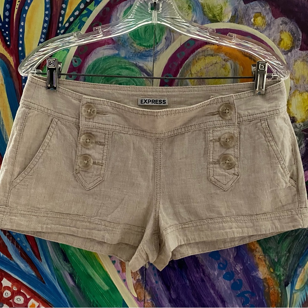 Woman’s Express Button Front Khaki Cotton Linen Shorts